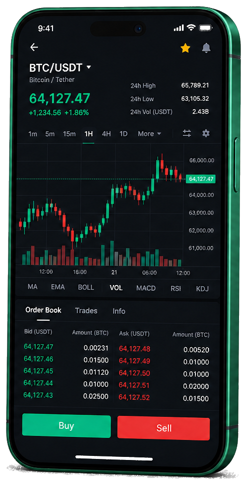 BuştArkUygul mobil ticaret uygulaması — gerçek zamanlı BTC/USDT grafik, emir defteri ve işlem ekranı